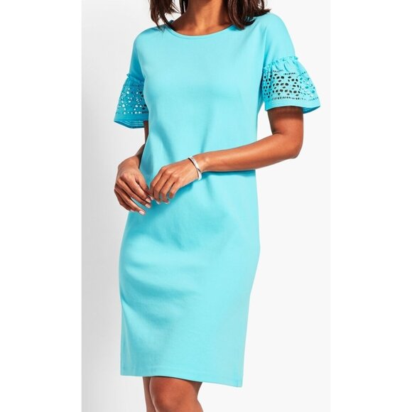 Black Lable Talbots XS Light Blue Eyelet Interlock Shift Dress Short Sleeve - Picture 1 of 8